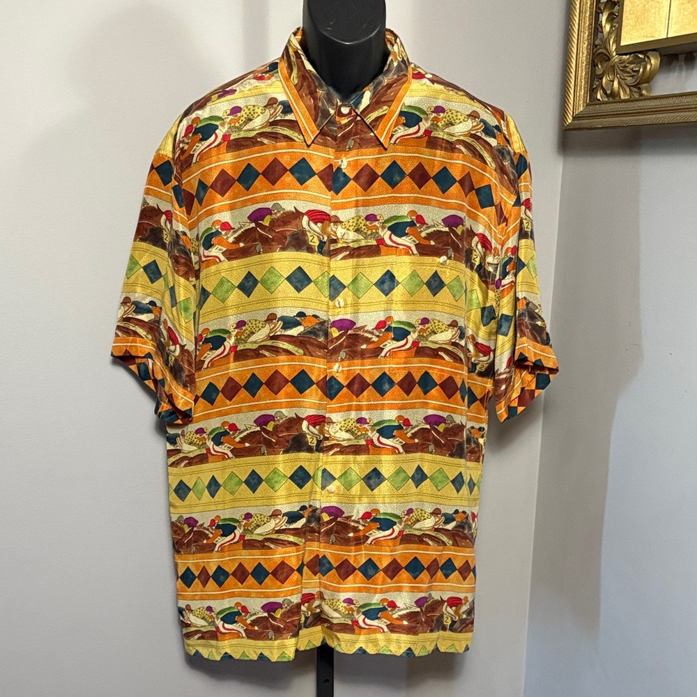Burma Bibas VINTAGE Silk XL Horse Racing Button Down SS Shirt